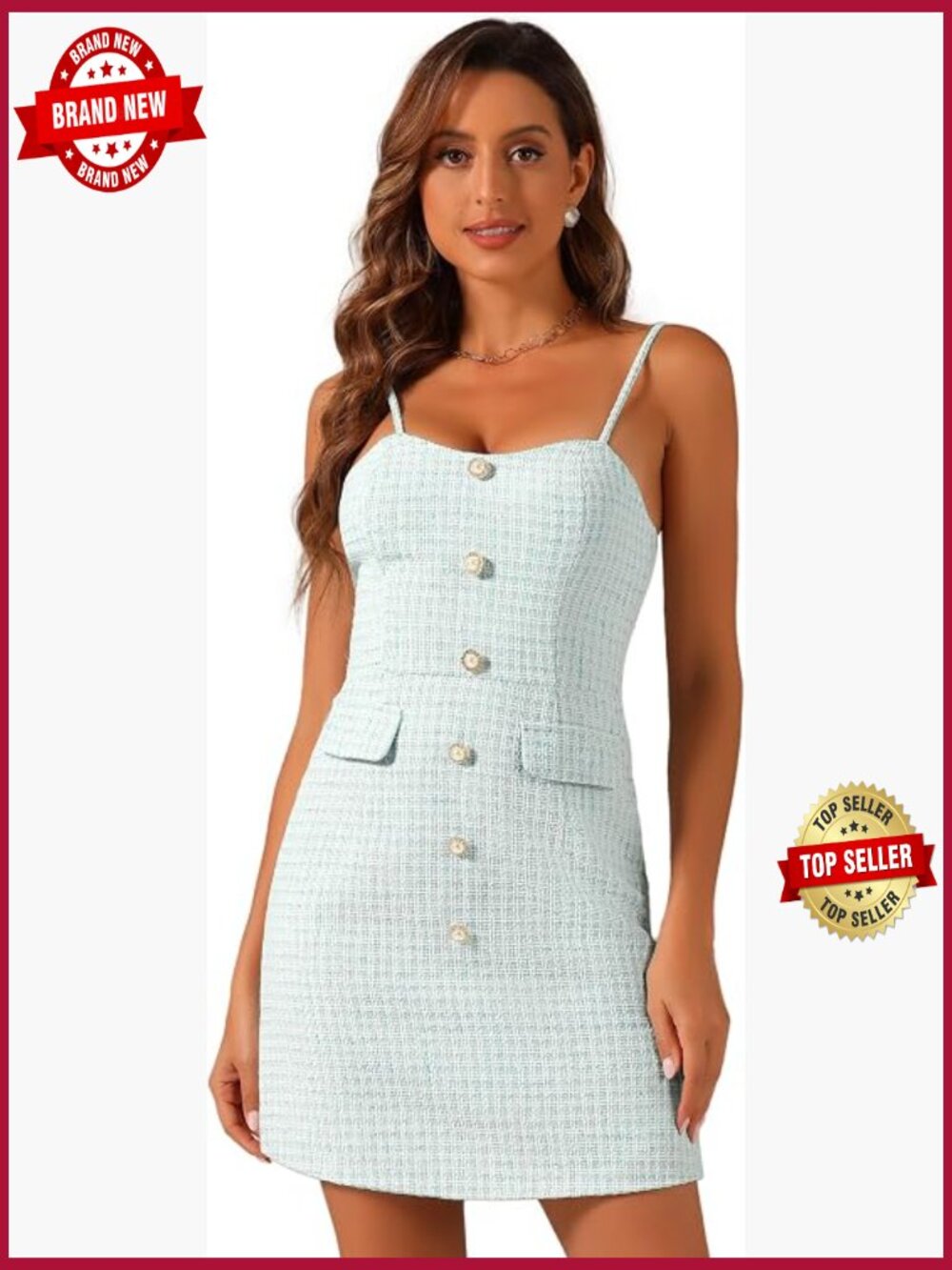 Plaid Tweed Mini Dress with Sweetheart Neck and Spaghetti Straps - Picture 1 of 5